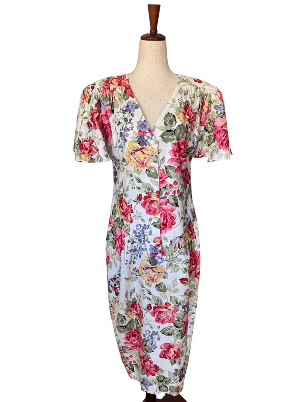 Vintage 80s Regina Kravitz Floral V-Neck Midi Dress Big Shoulders Sleeves M/L